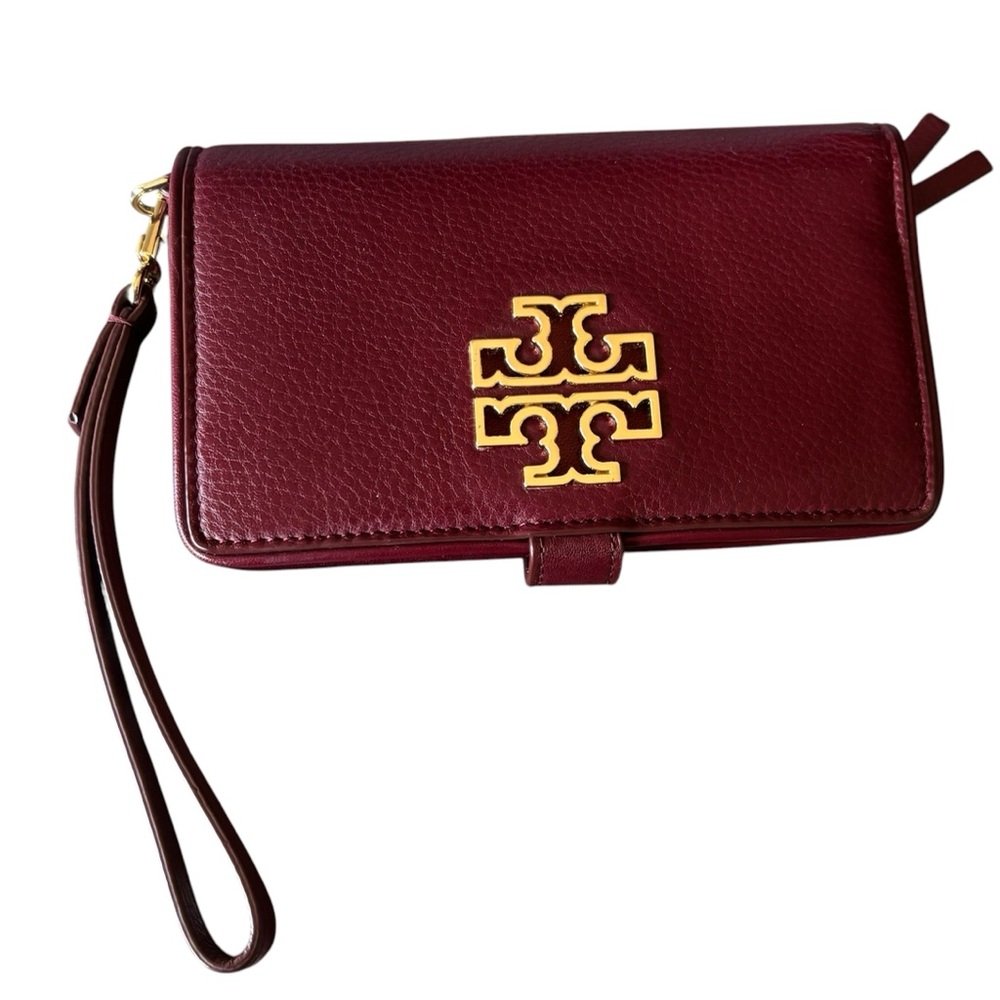 Authentic! Like new! Merlot Burgundy Wine Tory Burch cell phone wallet wristlet